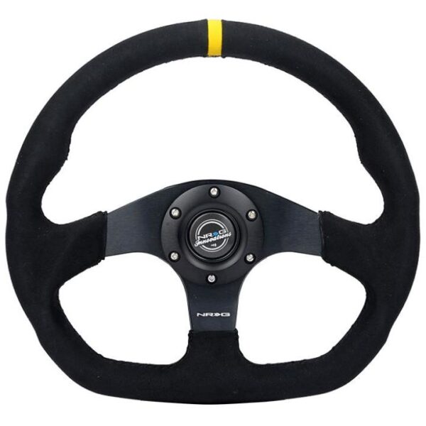 NRG Reinforced Steering Wheel (320mm) Sport Alcantara Dual Push Buttons Flat Bottom w/Yellow Center