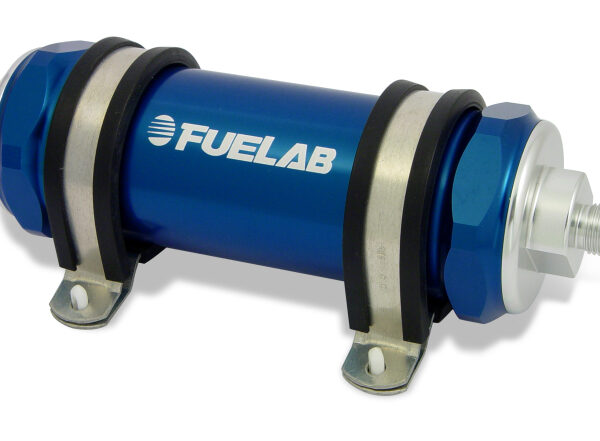 Fuelab 828 In-Line Fuel Filter Long -12AN In/Out 40 Micron Stainless - Blue