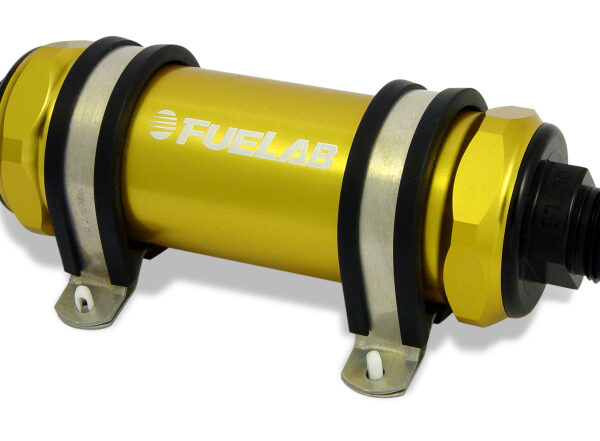 Fuelab 828 In-Line Fuel Filter Long -10AN In/Out 10 Micron Fabric - Gold