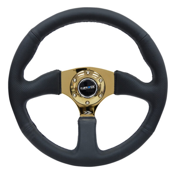 NRG Reinforced Steering Wheel (350mm / 2.5in. Deep) Leather Race Comfort Grip w/4mm Gold Spokes