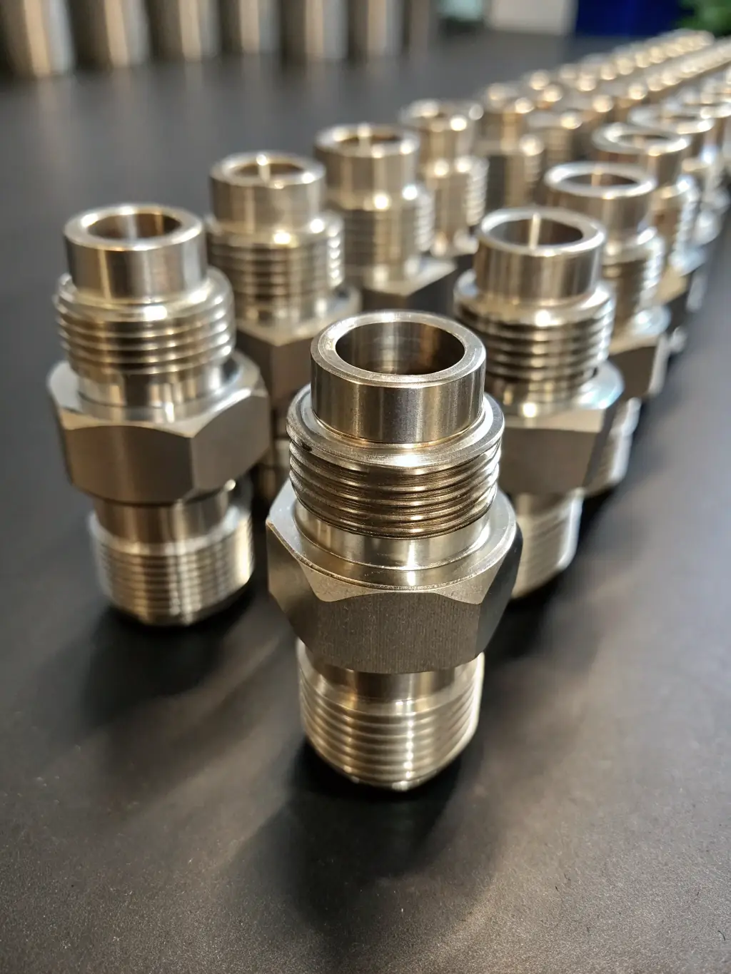 A high-angle, close-up shot of a gleaming, stainless steel bolt-on downpipe, showcasing its intricate welds and precise engineering, set against a blurred background of a high-performance European car engine bay.