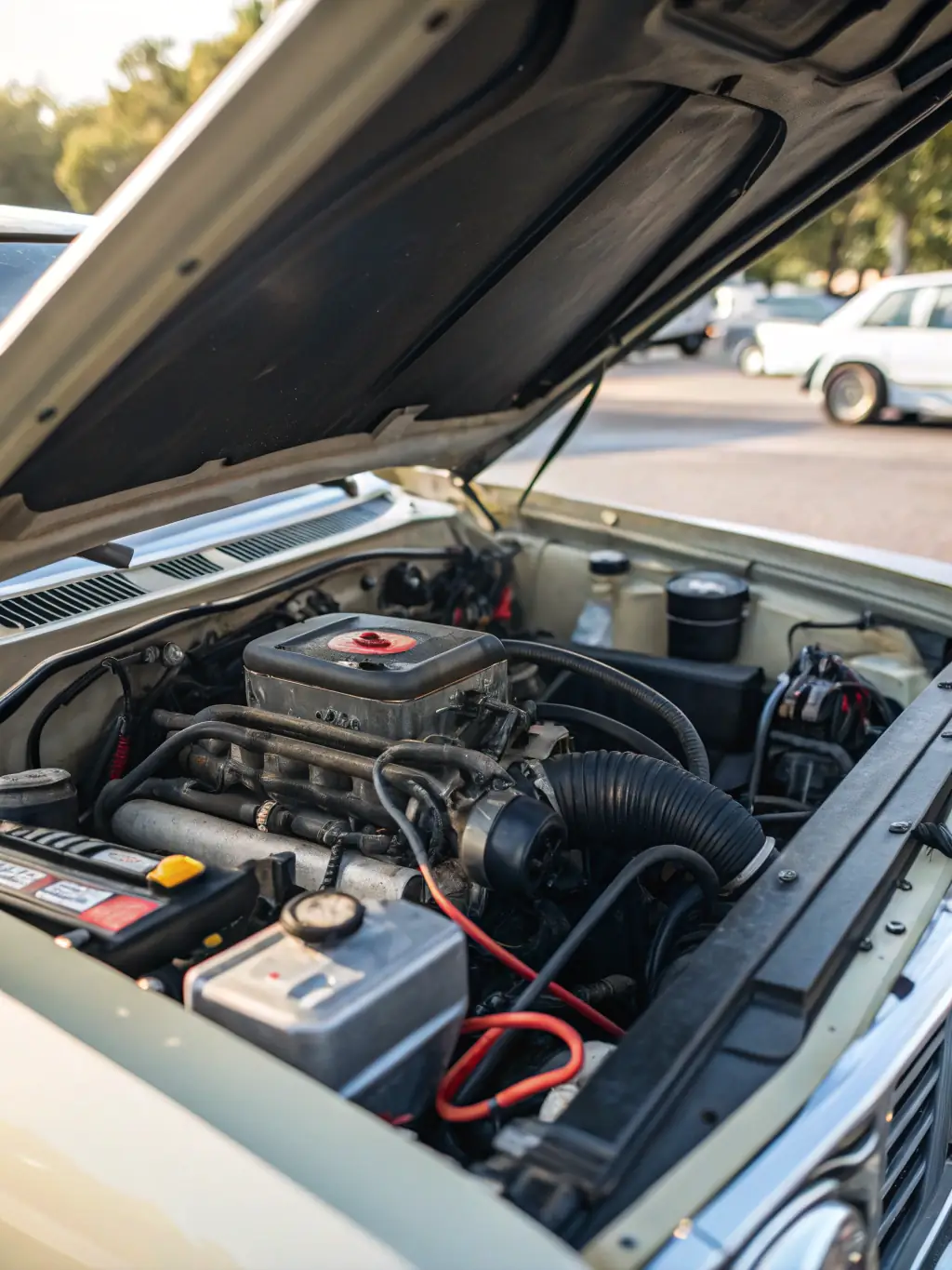 A dynamic shot of a high-performance air intake system installed in a European sports car, with the hood open, emphasizing the system's sleek design and its integration with the engine.