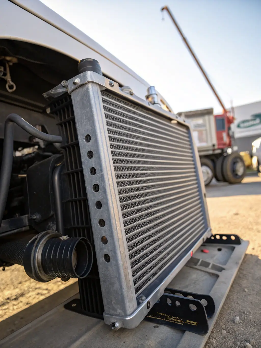A detailed image of a performance intercooler, highlighting its core design and construction, with visible fins and channels optimized for efficient heat dissipation, against a dark background.